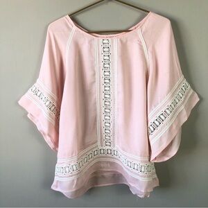 Pastel peach & white crochet lace trim tunic top blouse M